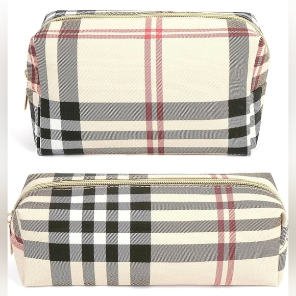 Handbags - Cosmetic Bags, 2 Small Make Up Bags In Khaki Plaid. New!